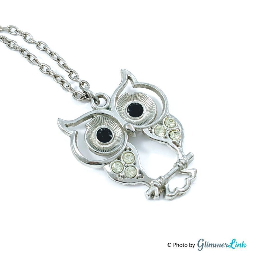Owl On Branch Silver Tone Rhinestones Pendant Necklace